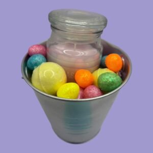 Easter bucket with candle and bath bombs
